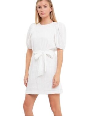 LN English Factory White Check Print Puff Sleeve Belted Tie Waist Mini Dress - M